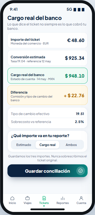 Pantalla que compara el ticket con el cargo real del banco